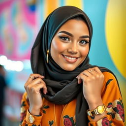 A glamorous hot girl wearing a stylish hijab, showcasing her beautiful features and confident demeanor