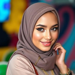 A glamorous hot girl wearing a stylish hijab, showcasing her beautiful features and confident demeanor
