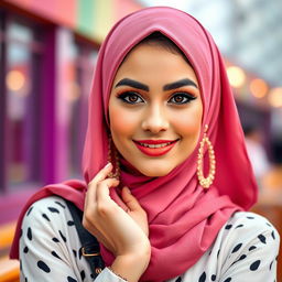 A glamorous hot girl wearing a stylish hijab, showcasing her beautiful features and confident demeanor