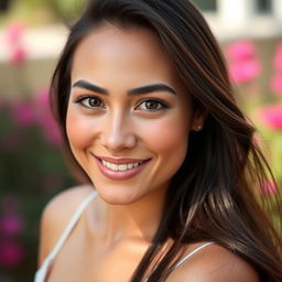 A 32-year-old woman of Latin American descent, featuring natural makeup that enhances her warm gaze