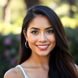 A 32-year-old woman of Latin American descent, featuring natural makeup that enhances her warm gaze