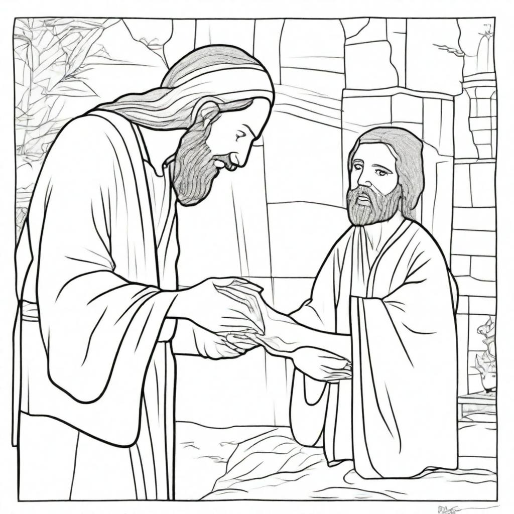 A colouring book page depicting Jesus tenderly healing a blind man, with simple outlines and details for colouring.