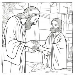 A colouring book page depicting Jesus tenderly healing a blind man, with simple outlines and details for colouring.