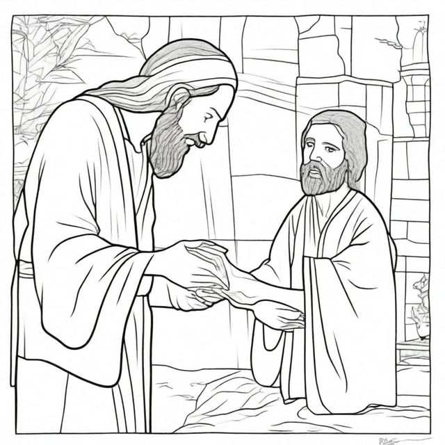 A colouring book page depicting Jesus tenderly healing a blind man, with simple outlines and details for colouring.