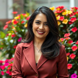 A Colombian woman aged 40, with dark hair, elegantly dressed in stylish clothing
