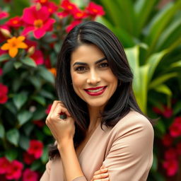 A Colombian woman aged 40, with dark hair, elegantly dressed in stylish clothing