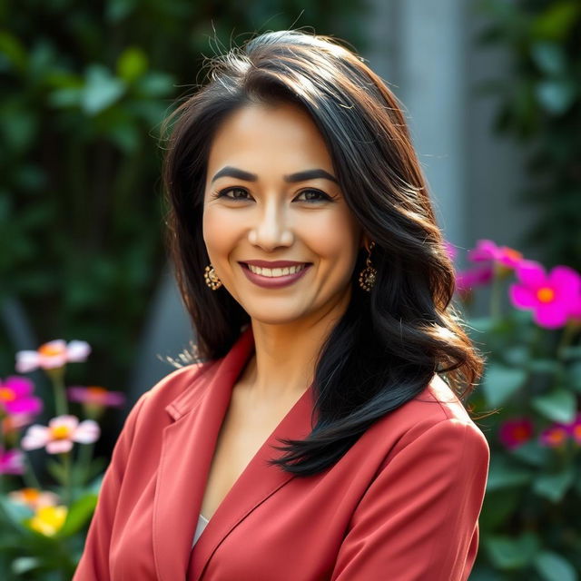 A Colombian woman aged 40, with dark hair, elegantly dressed in stylish clothing