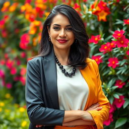 A Colombian woman aged 40, with dark hair, elegantly dressed in stylish clothing