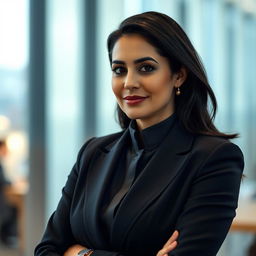 A 35-year-old woman with black hair, embodying Sephardic features, dressed in formal attire