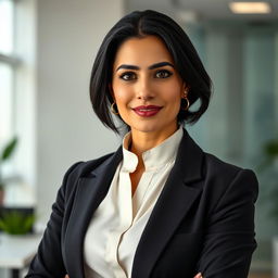 A 35-year-old woman with black hair, embodying Sephardic features, dressed in formal attire