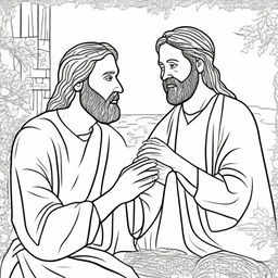 A colouring book page depicting Jesus tenderly healing a blind man, with simple outlines and details for colouring.