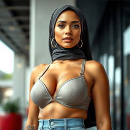 A beautiful and attractive hot girl featuring prominent curvy breasts, elegantly dressed in a fashionable bra under a stylish hijab