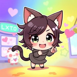 A stylized artistic representation of Neco-arc, a cute, chibi-style character inspired by Neko, with feline features and a playful demeanor