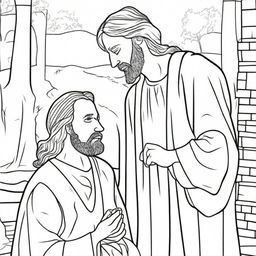 A colouring book page depicting Jesus tenderly healing a blind man, with simple outlines and details for colouring.