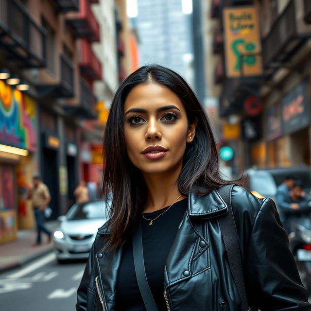 A 35-year-old woman with a Colombian appearance, featuring olive skin and dark hair, dressed in stylish urban attire