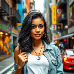 A 35-year-old woman with a Colombian appearance, featuring olive skin and dark hair, dressed in stylish urban attire