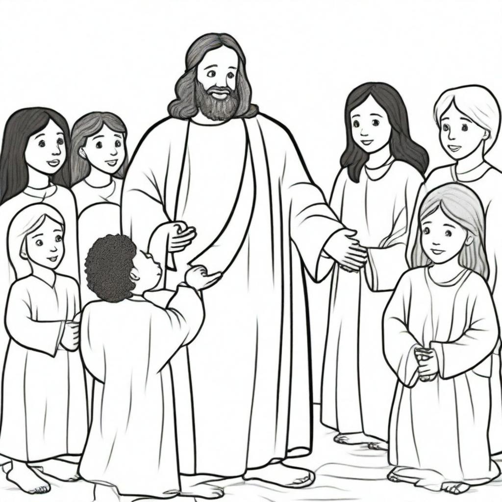 A colouring book page illustrating Jesus lovingly blessing a group of diverse children.