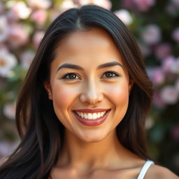 A 32-year-old woman of Latin American descent, featuring natural makeup that enhances her warm gaze