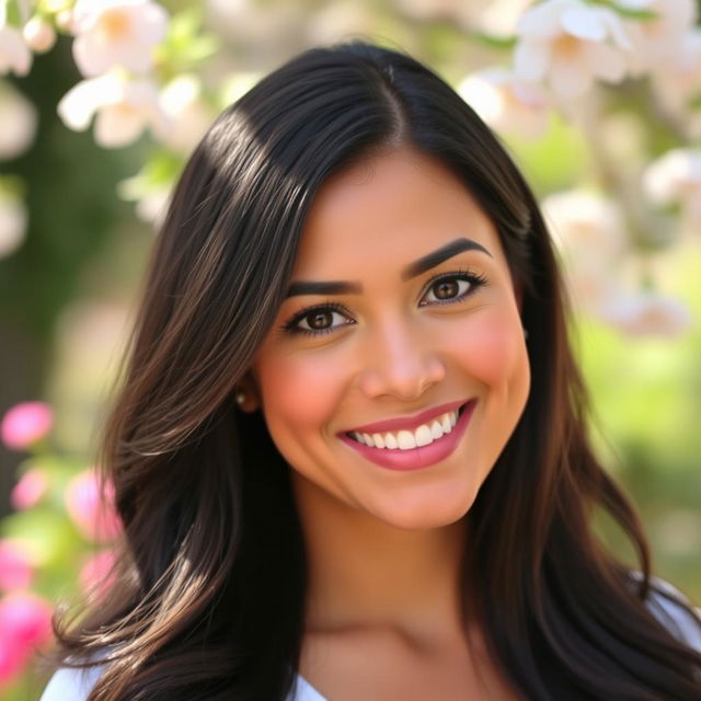 A 32-year-old woman of Latin American descent, featuring natural makeup that enhances her warm gaze