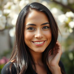 A 32-year-old woman of Latin American descent, featuring natural makeup that enhances her warm gaze
