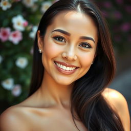 A 32-year-old woman of Latin American descent, featuring natural makeup that enhances her warm gaze