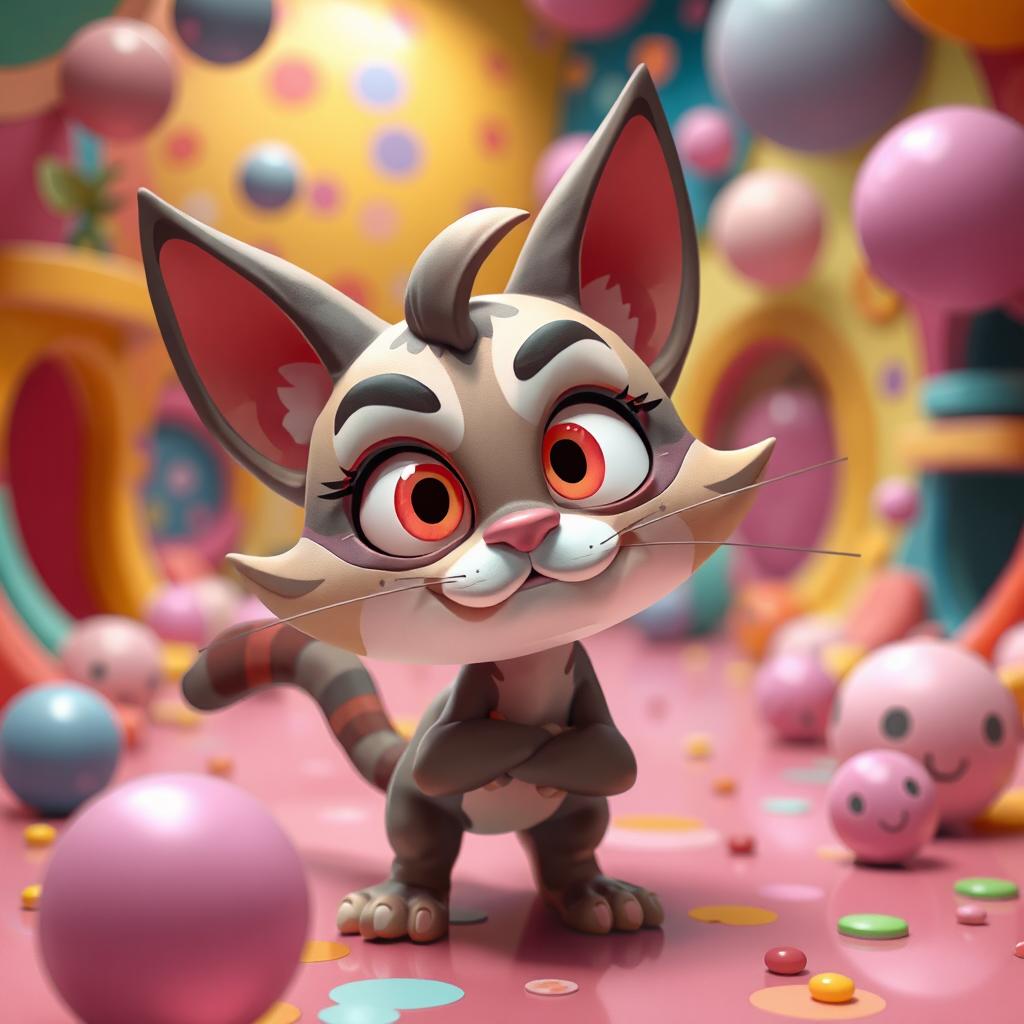 A surreal and playful scene featuring Neco-Arc, a cartoonish feline character with a mischievous expression, in a vibrant and colorful environment