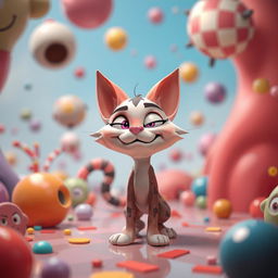 A surreal and playful scene featuring Neco-Arc, a cartoonish feline character with a mischievous expression, in a vibrant and colorful environment