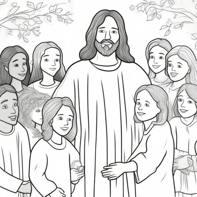 A colouring book page illustrating Jesus lovingly blessing a group of diverse children.