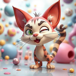 A surreal and playful scene featuring Neco-Arc, a cartoonish feline character with a mischievous expression, in a vibrant and colorful environment