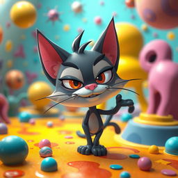 A surreal and playful scene featuring Neco-Arc, a cartoonish feline character with a mischievous expression, in a vibrant and colorful environment