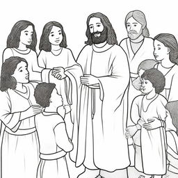 A colouring book page illustrating Jesus lovingly blessing a group of diverse children.