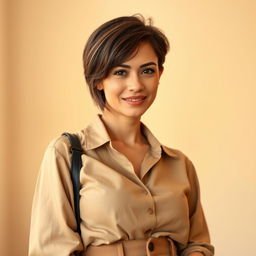 A 36-year-old woman with short hair, exuding an Argentine appearance, captured in a stylish half-body portrait