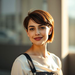 A 36-year-old woman with short hair, exuding an Argentine appearance, captured in a stylish half-body portrait