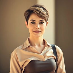 A 36-year-old woman with short hair, exuding an Argentine appearance, captured in a stylish half-body portrait