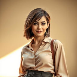 A 36-year-old woman with short hair, exuding an Argentine appearance, captured in a stylish half-body portrait