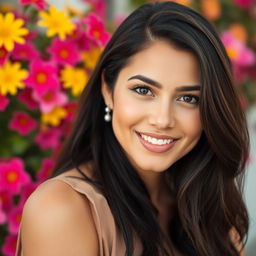 A 32-year-old woman of Latin American descent, showcasing a natural makeup look that beautifully emphasizes her warm gaze