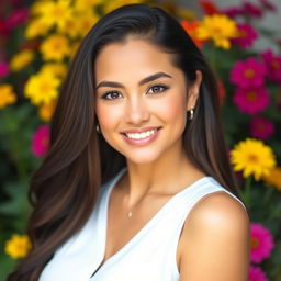 A 32-year-old woman of Latin American descent, showcasing a natural makeup look that beautifully emphasizes her warm gaze