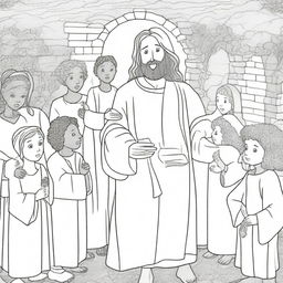 A colouring book page illustrating Jesus lovingly blessing a group of diverse children.