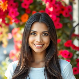 A 32-year-old woman of Latin American descent, showcasing a natural makeup look that beautifully emphasizes her warm gaze