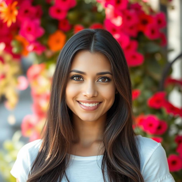 A 32-year-old woman of Latin American descent, showcasing a natural makeup look that beautifully emphasizes her warm gaze