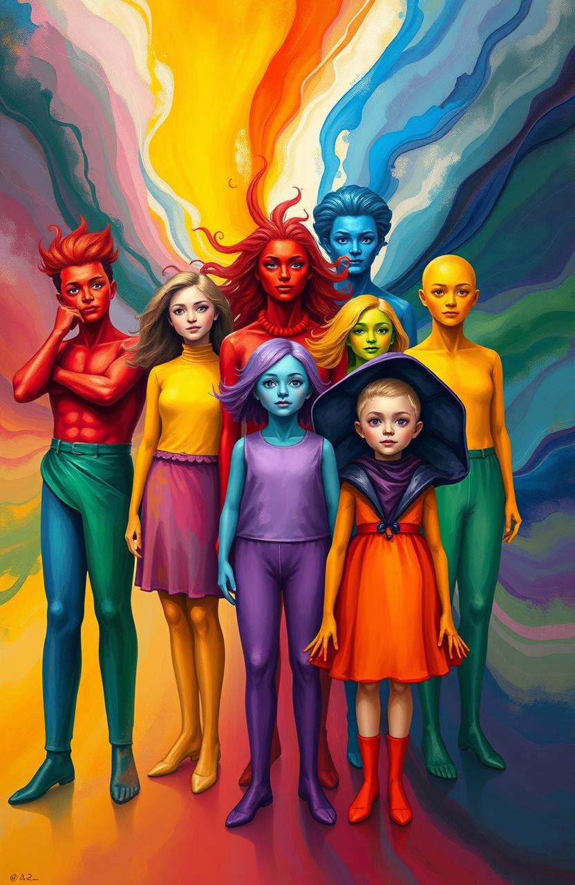 A vibrant, artistic representation of people embodying various colors, each with distinct personalities reflecting their color: a passionate red character exuding confidence and energy, a calm blue character radiating tranquility and wisdom, a cheerful yellow character showcasing happiness and optimism, a serene green character embodying harmony and balance, a mysterious purple character displaying creativity and imagination, and a bold orange character representing enthusiasm and adventure