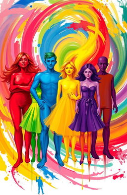A vibrant, artistic representation of people embodying various colors, each with distinct personalities reflecting their color: a passionate red character exuding confidence and energy, a calm blue character radiating tranquility and wisdom, a cheerful yellow character showcasing happiness and optimism, a serene green character embodying harmony and balance, a mysterious purple character displaying creativity and imagination, and a bold orange character representing enthusiasm and adventure