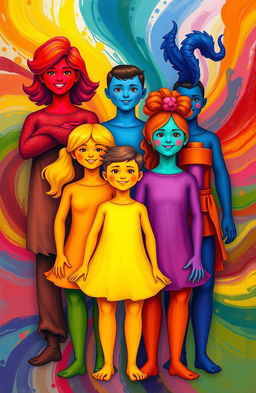 A vibrant, artistic representation of people embodying various colors, each with distinct personalities reflecting their color: a passionate red character exuding confidence and energy, a calm blue character radiating tranquility and wisdom, a cheerful yellow character showcasing happiness and optimism, a serene green character embodying harmony and balance, a mysterious purple character displaying creativity and imagination, and a bold orange character representing enthusiasm and adventure