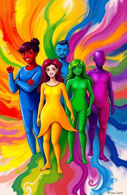 A vibrant, artistic representation of people embodying various colors, each with distinct personalities reflecting their color: a passionate red character exuding confidence and energy, a calm blue character radiating tranquility and wisdom, a cheerful yellow character showcasing happiness and optimism, a serene green character embodying harmony and balance, a mysterious purple character displaying creativity and imagination, and a bold orange character representing enthusiasm and adventure
