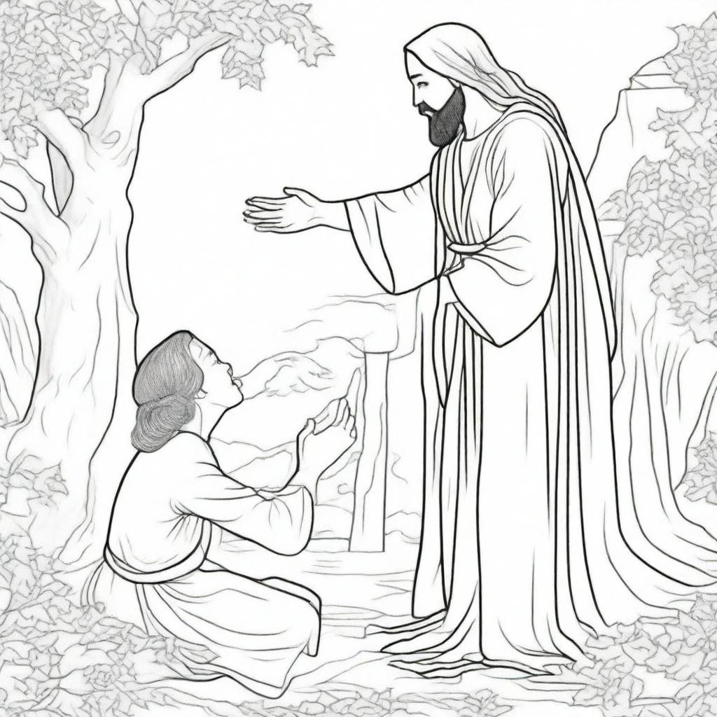 Colouring book page of a scene where a woman with faith is reaching out to touch the hem of Jesus' garment.