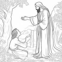 Colouring book page of a scene where a woman with faith is reaching out to touch the hem of Jesus' garment.