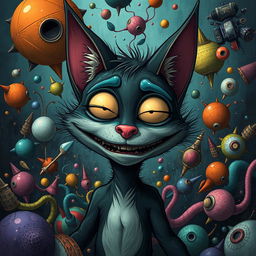 A surreal, darkly whimsical scene featuring Neco-Arc, an anthropomorphic character with feline features and a playful expression, depicted in an exaggerated and humorous manner
