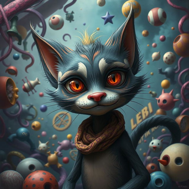 A surreal, darkly whimsical scene featuring Neco-Arc, an anthropomorphic character with feline features and a playful expression, depicted in an exaggerated and humorous manner