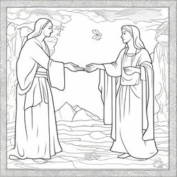 Colouring book page of a scene where a woman with faith is reaching out to touch the hem of Jesus' garment.