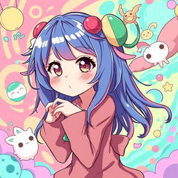 An anime-style illustration featuring a fantastical female character with vibrant, colorful hair and expressive eyes, in a surreal, playful setting filled with whimsical elements